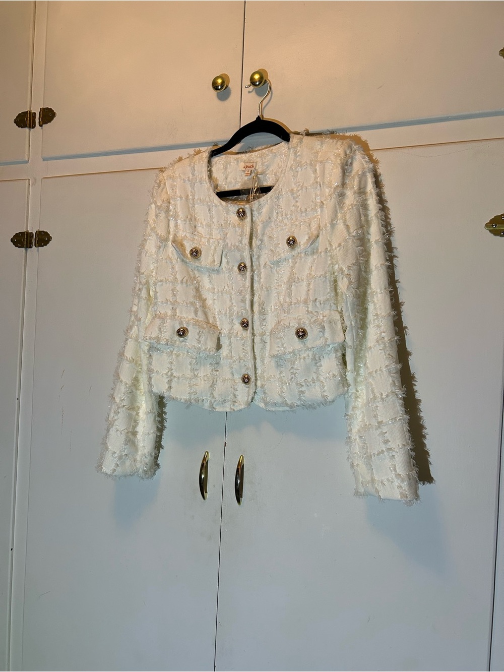 Textured White Cropped Blazer with Gold-Tone Buttons